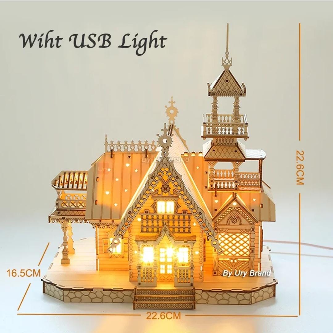 Diy wooden house 3d puzzle with lights | perfect for adults & teens | desk decoration and gift