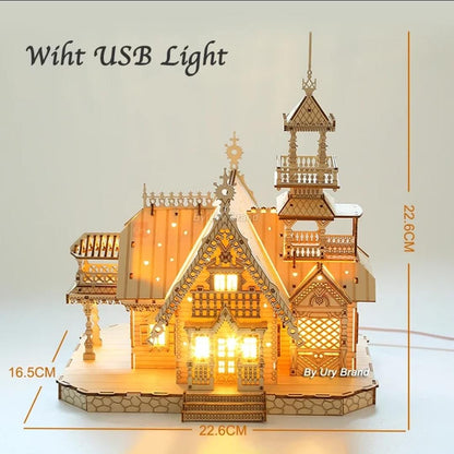 Wooden house puzzle lit with warm USB lights and dimension diagram showing 22.6 cm width and height.