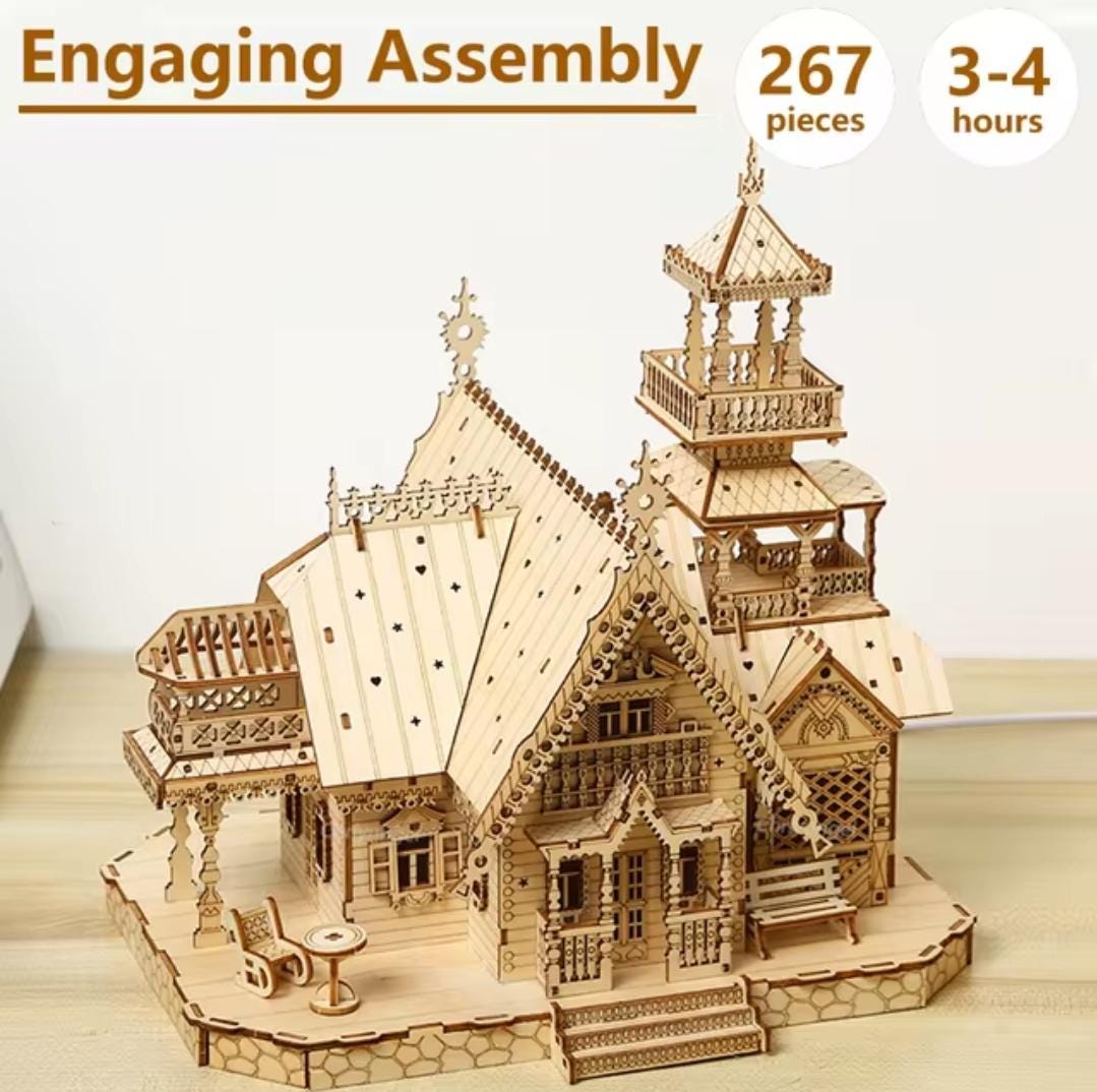 Diy wooden house 3d puzzle with lights | perfect for adults & teens | desk decoration and gift