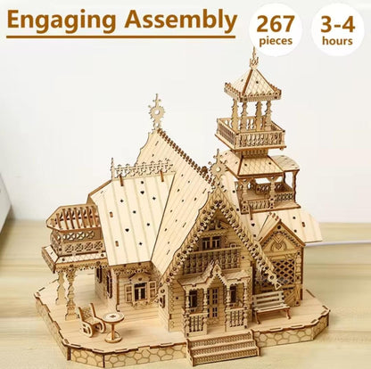 Assembled 267-piece wooden house model showing ornate tower and verandas, with assembly estimate graphic.