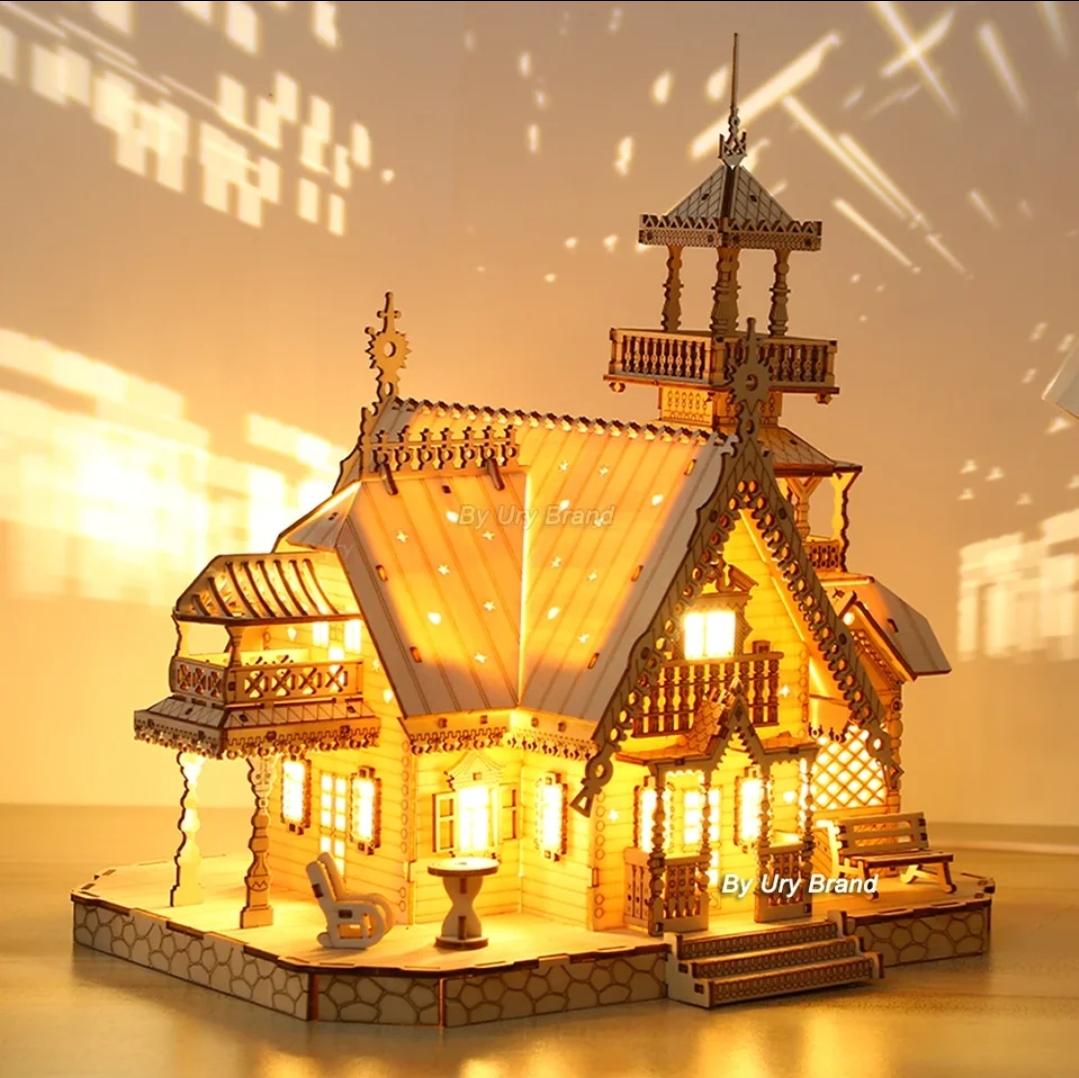 Diy wooden house 3d puzzle with lights | perfect for adults & teens | desk decoration and gift