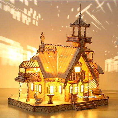 Illuminated wooden house 3D puzzle glowing warmly with decorative roof and windows in dark room.