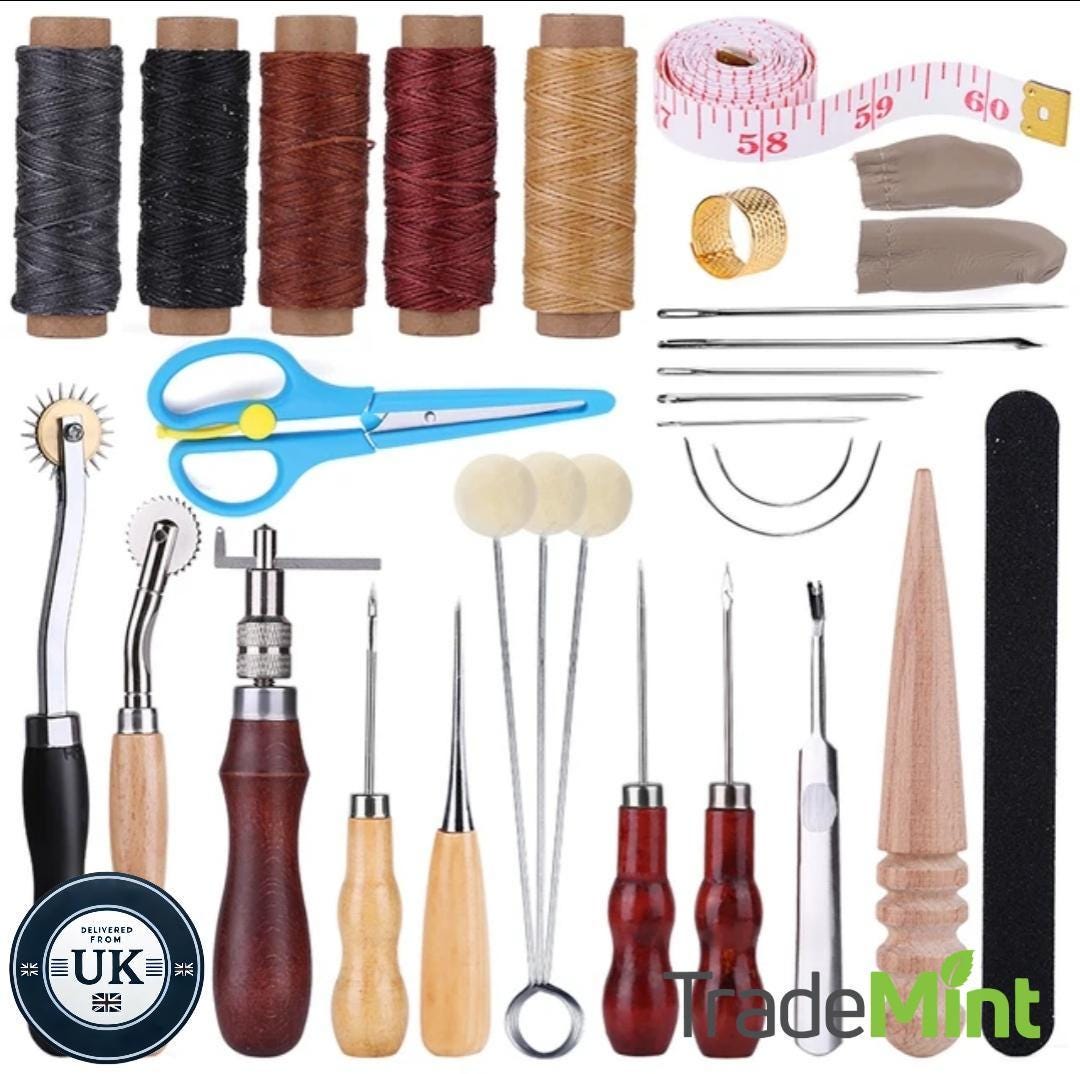 30-piece leather tools kit | waxed threads, needles, awls, groover and accessories for diy leather crafting and repairs