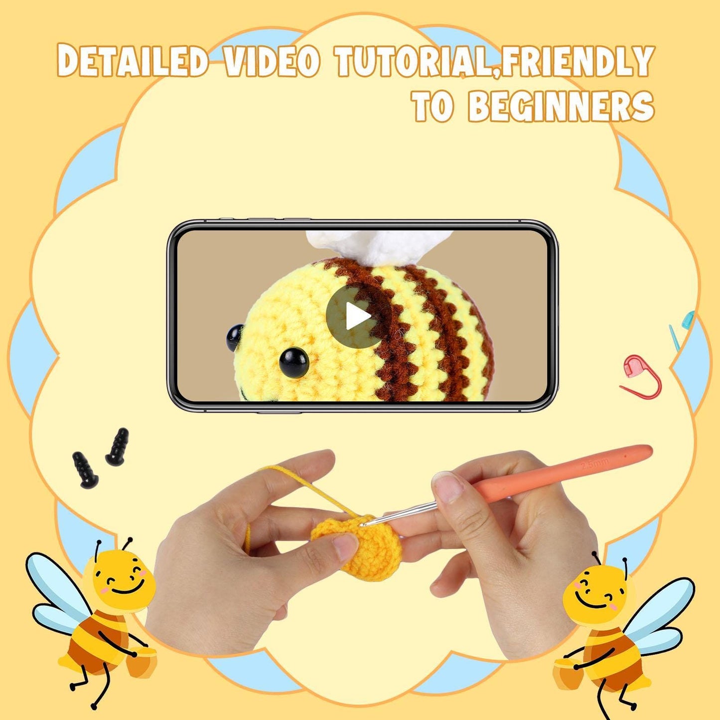 Diy crochet kit – beginner craft set for kids & adults | make a crab, panda, penguin, or bee