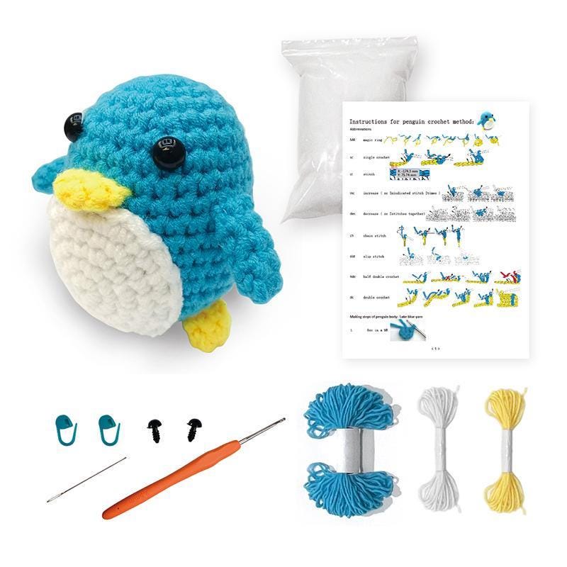 Diy crochet kit – beginner craft set for kids & adults | make a crab, panda, penguin, or bee