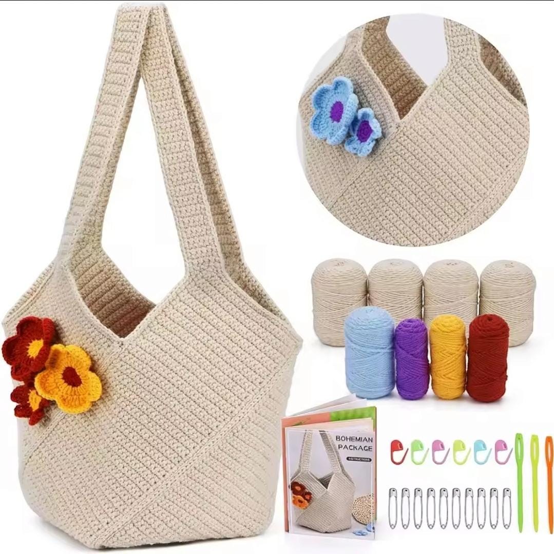 Crochet bag kit for beginners - includes yarn, tools & tutorials for diy shoulder or tote bag craft