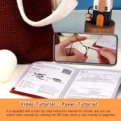 Crochet bag tutorial graphic showing printed instructions and a phone video of hands stitching with a red crochet hook.