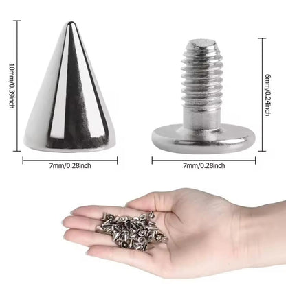 Silver cone stud and screw fitting measurement graphic showing the pointed stud at 10 mm tall and 7 mm wide.