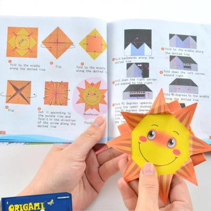 Illustrated origami instruction booklet showing folding steps for a smiling yellow sun paper figure.