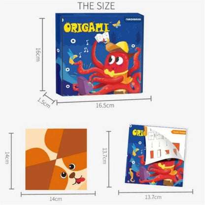 Origami kit packaging dimensions diagram with paper sheets and cartoon octopus box.