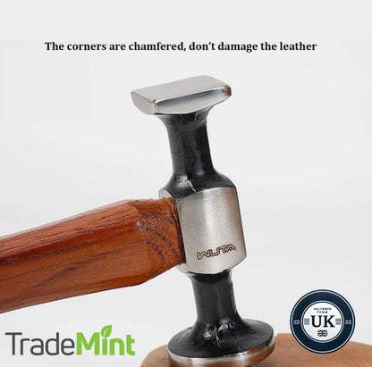 Close-up of leather hammer with chamfered polished steel striking faces and wooden handle.