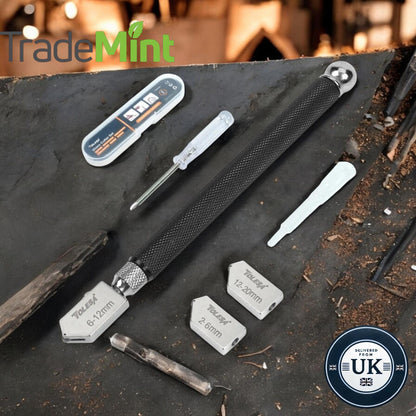Carbide glass cutter tool with black knurled handle, interchangeable 2 to 20 mm cutting heads and small accessories.