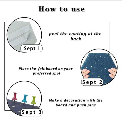 Three-step installation guide for peel-and-stick hexagon felt pinboard tiles with pushpins.
