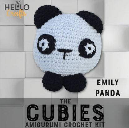 Emily Panda beginner amigurumi crochet kit showing round black-and-white panda with black ears and paws.