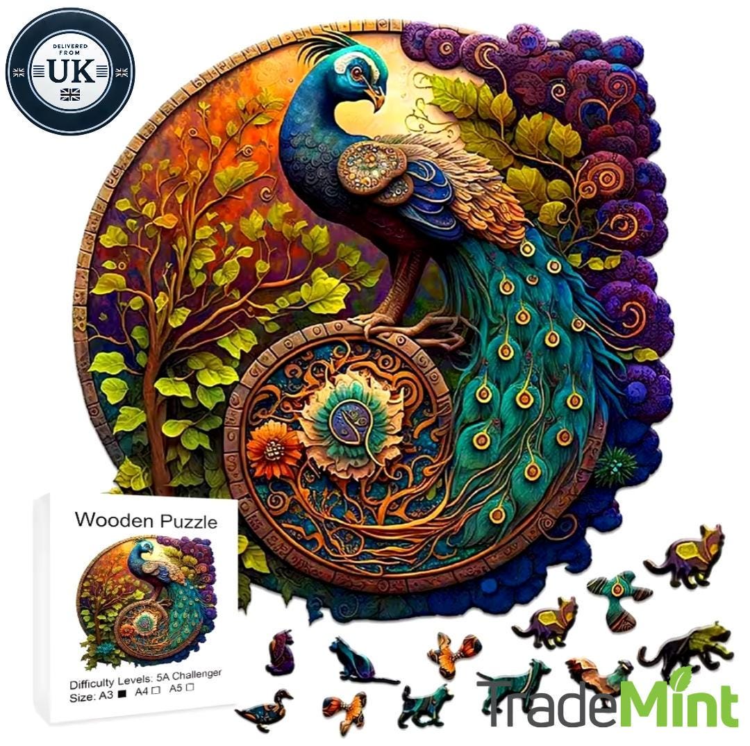 Peacock wooden puzzle | laser-cut jigsaw gift | eco-friendly for kids & adults