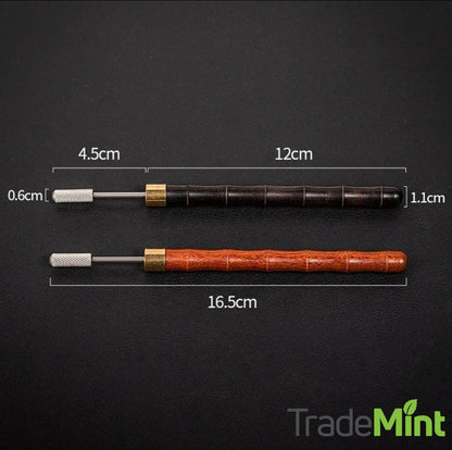 Ebony and red wood handled leather dye roller pen dimensions showing 16.5 cm overall length.