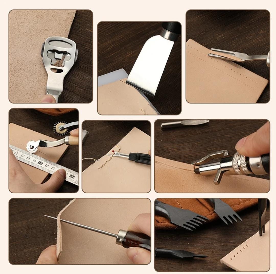 Professional leather craft tool kit – hand sewing repair set with wax thread, stitching punch, carving tools, and groover for diy projects