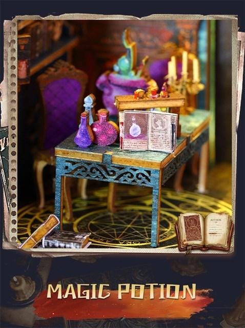 3D DIY Book Nook Kit - LED Wooden Miniature Puzzle Bookshelf Insert | Glowing Magic Market Dollhouse Decor for Creative Gift & Home Office