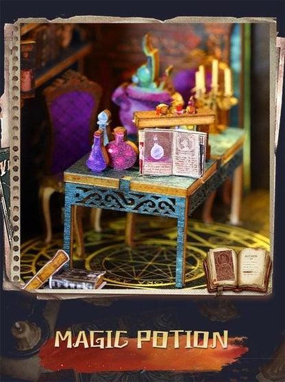 Magic Market book nook detail showing potion bottles, an open miniature book and a candlelit table.