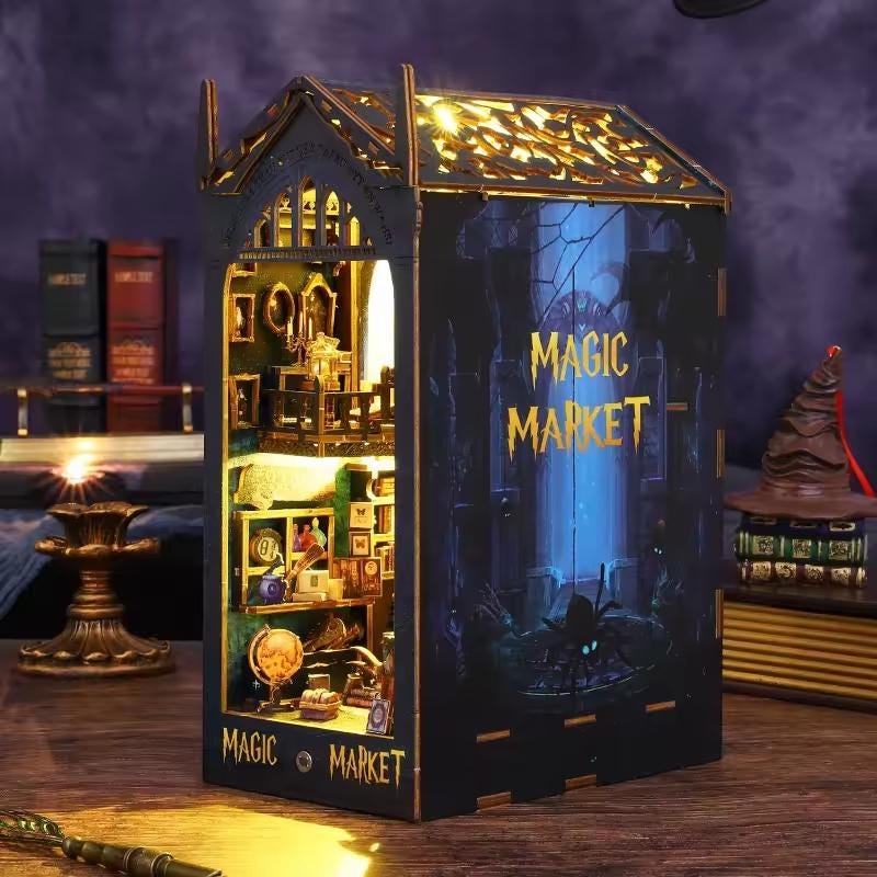 3D DIY Book Nook Kit - LED Wooden Miniature Puzzle Bookshelf Insert | Glowing Magic Market Dollhouse Decor for Creative Gift & Home Office