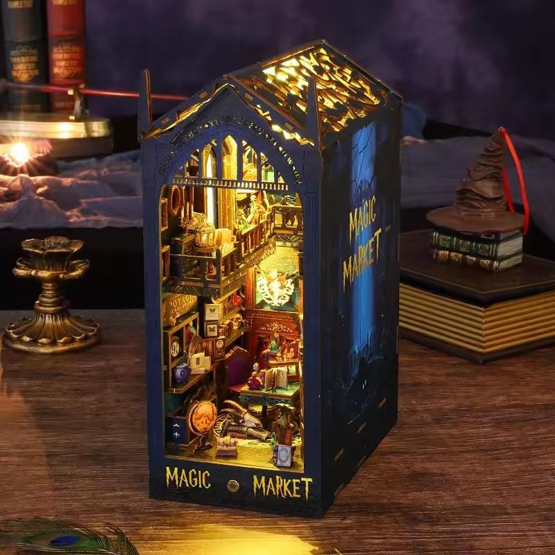 3D DIY Book Nook Kit - LED Wooden Miniature Puzzle Bookshelf Insert | Glowing Magic Market Dollhouse Decor for Creative Gift & Home Office