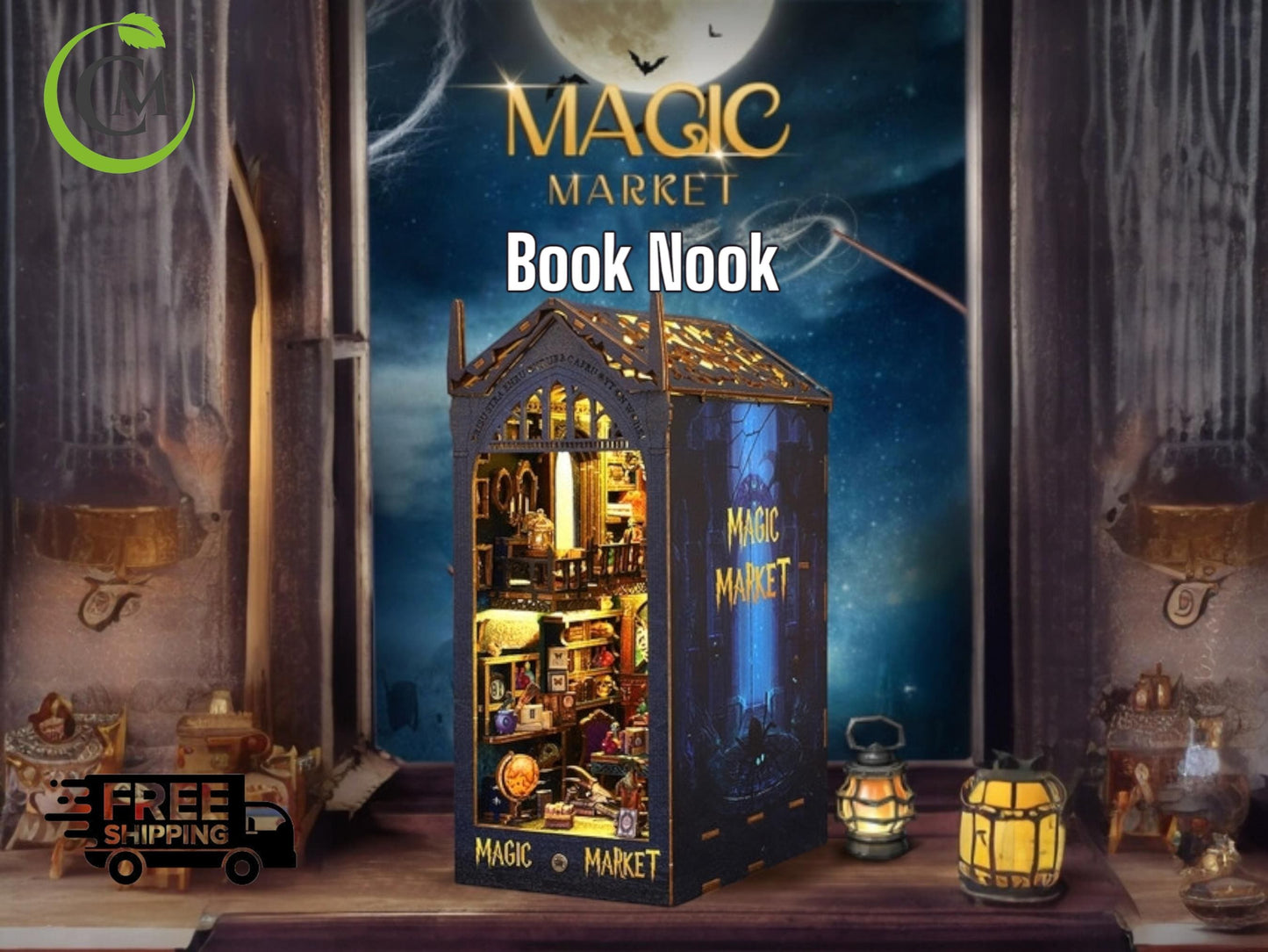 3D DIY Book Nook Kit - LED Wooden Miniature Puzzle Bookshelf Insert | Glowing Magic Market Dollhouse Decor for Creative Gift & Home Office