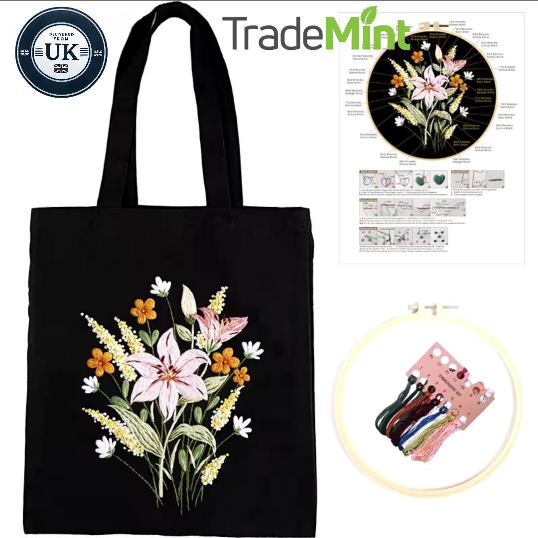 Canvas tote embroidery kit – diy floral embroidery for beginners | eco-friendly craft gift