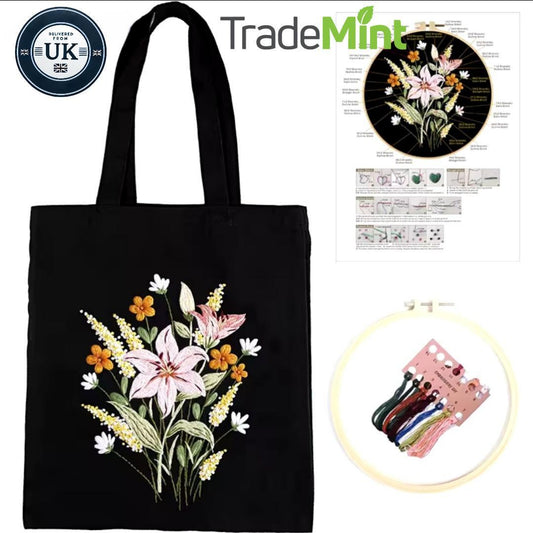 Canvas tote embroidery kit – diy floral embroidery for beginners | eco-friendly craft gift