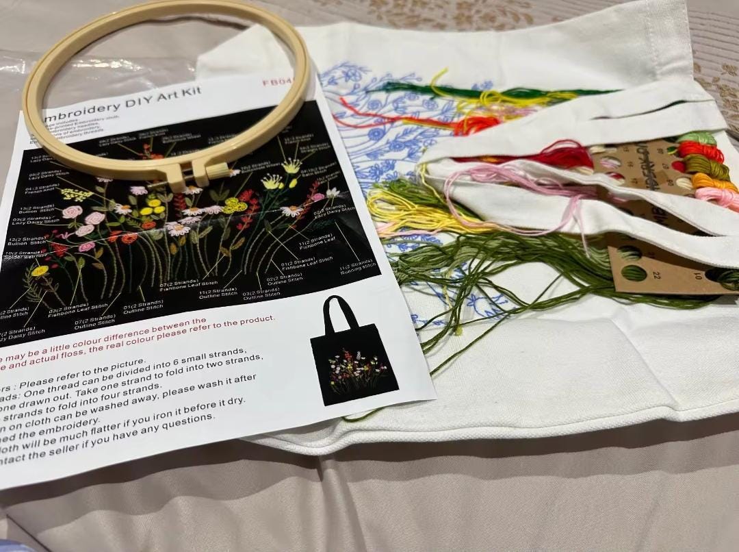 Canvas tote embroidery kit – diy floral embroidery for beginners | eco-friendly craft gift