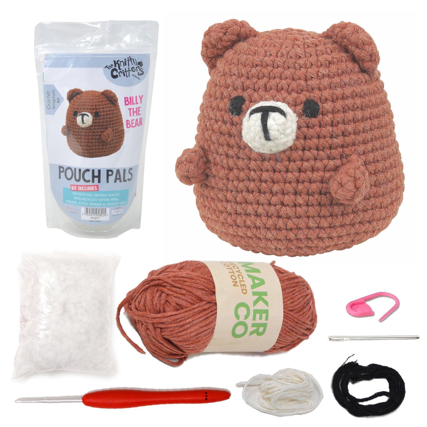Beginner amigurumi crochet kit | diy yarn set for bear, cat, dinosaur, and frog pouch pals | handmade craft for all skill levels