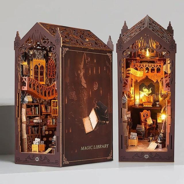 DIY Book Nook Kit - Magic Library Miniature Bookshelf Insert with LED Light | Wooden 3D Puzzle Bookend Decor for Gifts & Home