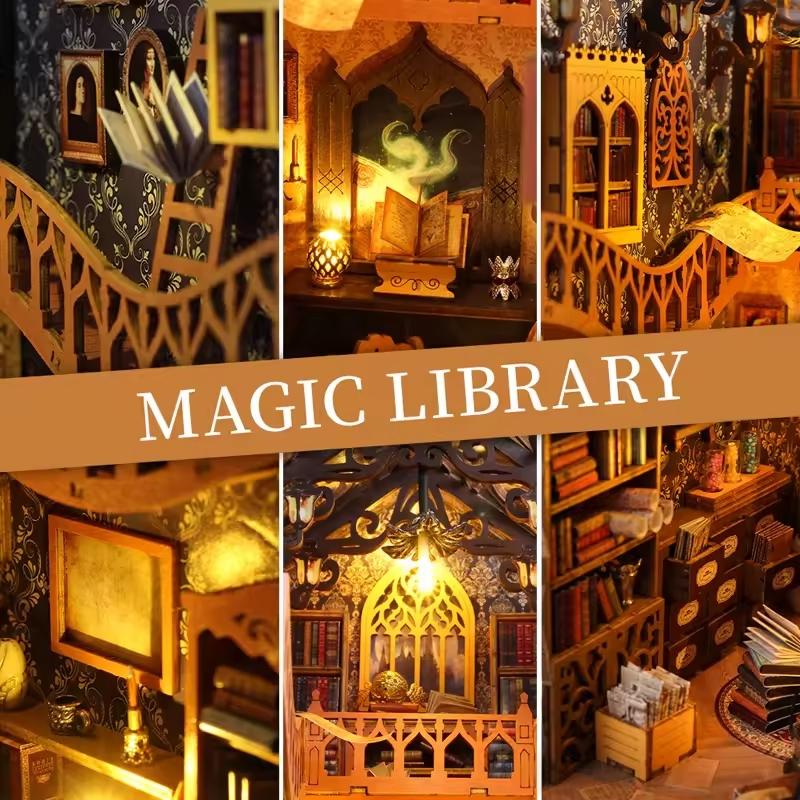 DIY Book Nook Kit - Magic Library Miniature Bookshelf Insert with LED Light | Wooden 3D Puzzle Bookend Decor for Gifts & Home