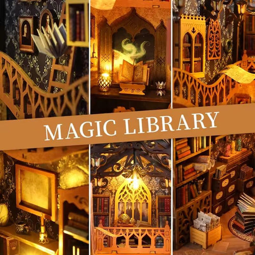 DIY Book Nook Kit - Magic Library Miniature Bookshelf Insert with LED Light | Wooden 3D Puzzle Bookend Decor for Gifts & Home