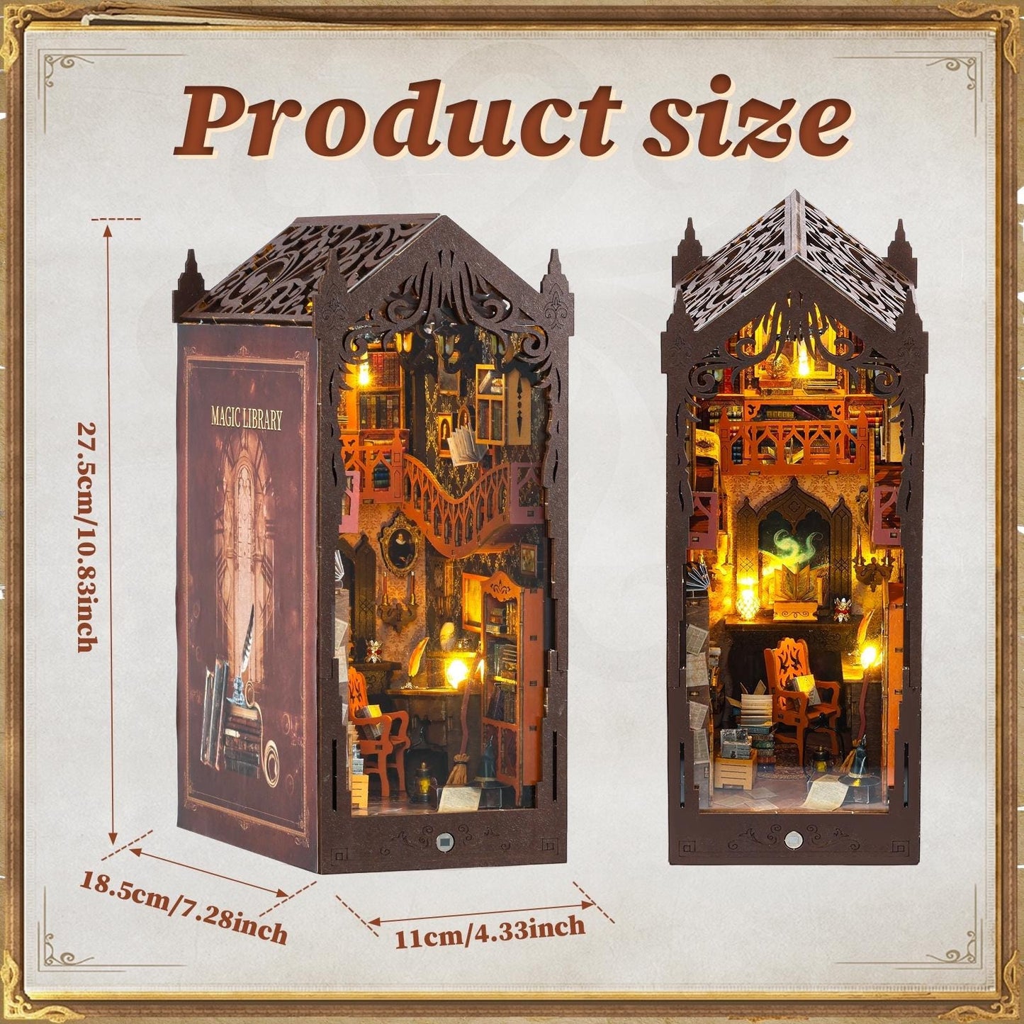 DIY Book Nook Kit - Magic Library Miniature Bookshelf Insert with LED Light | Wooden 3D Puzzle Bookend Decor for Gifts & Home