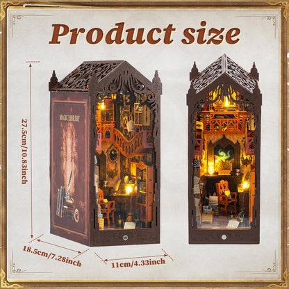 Magic Library book nook dimension graphic showing front and side views, 27.5 cm height and 11 cm width.