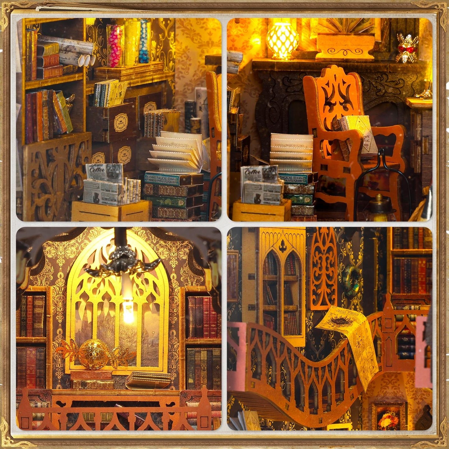 DIY Book Nook Kit - Magic Library Miniature Bookshelf Insert with LED Light | Wooden 3D Puzzle Bookend Decor for Gifts & Home