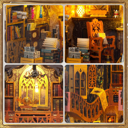 Four close-up views of the Magic Library miniature including shelves, glowing lamps, balcony and curved staircase.
