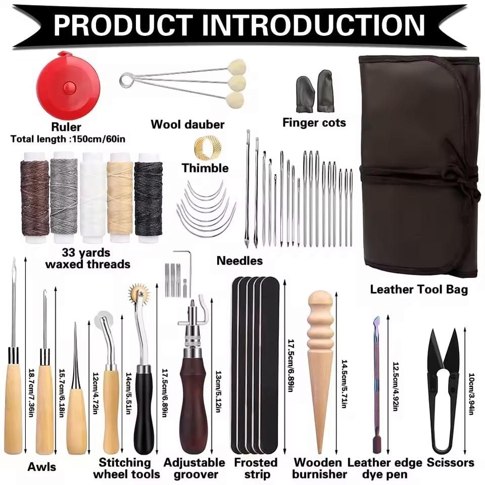 Complete Leather Sewing Kit | 55-Piece DIY Leather Craft Tool Set | Waxed Threads, Needles, Stitch Wheel, Awl & Roll Bag for Sewing Projects