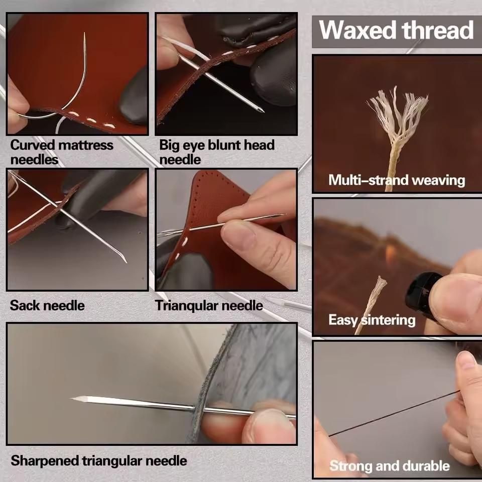 Complete Leather Sewing Kit | 55-Piece DIY Leather Craft Tool Set | Waxed Threads, Needles, Stitch Wheel, Awl & Roll Bag for Sewing Projects