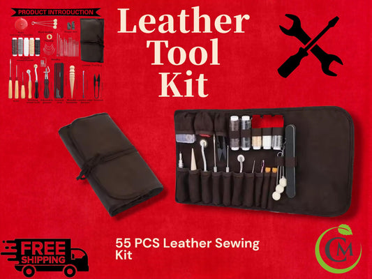 Complete Leather Sewing Kit | 55-Piece DIY Leather Craft Tool Set | Waxed Threads, Needles, Stitch Wheel, Awl & Roll Bag for Sewing Projects