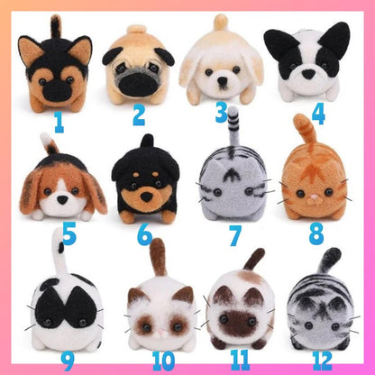 Twelve miniature needle-felted cat and dog keyring designs in different fur colours and styles.