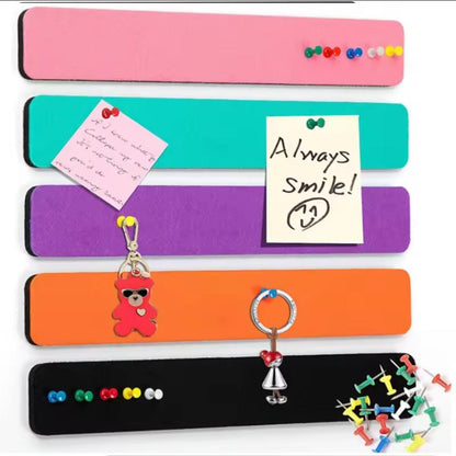 Colourful felt wall strip options in pink, turquoise, purple, orange and black with pushpins and pinned notes.
