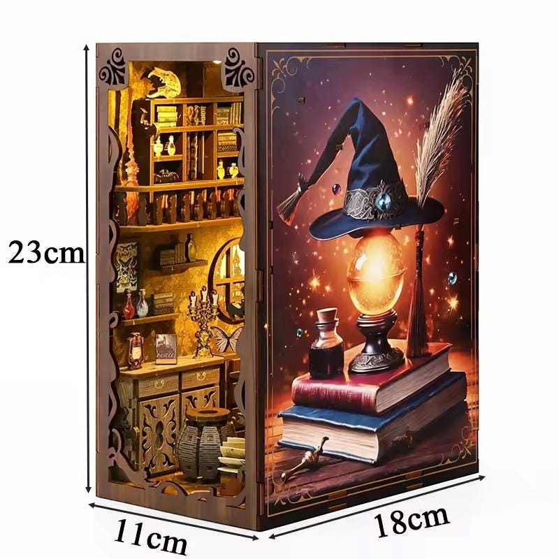DIY Magic Night Book Nook Kit | Wooden Bookshelf Insert with LED Light – Handmade Miniature Bookend Decor