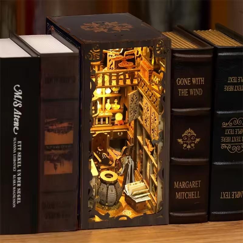 DIY Magic Night Book Nook Kit | Wooden Bookshelf Insert with LED Light – Handmade Miniature Bookend Decor