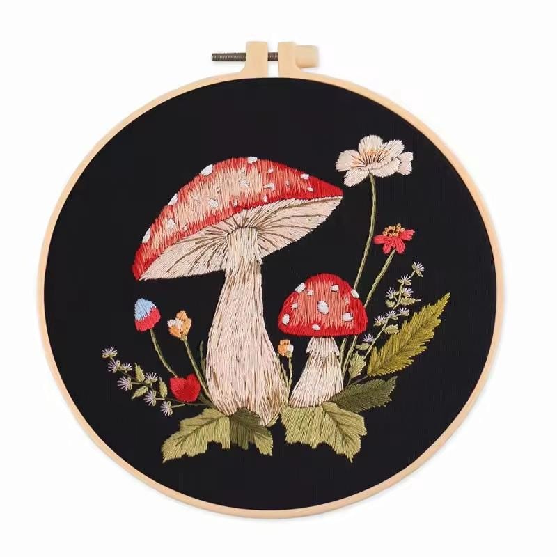 DIY Mushroom Embroidery Kit for Beginners | Printed Cross Stitch Set with Hoop, Washable Pattern | Handmade Home Decor & Gift