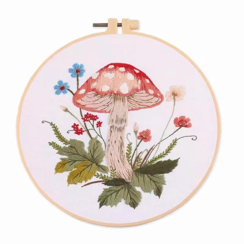 DIY Mushroom Embroidery Kit for Beginners | Printed Cross Stitch Set with Hoop, Washable Pattern | Handmade Home Decor & Gift