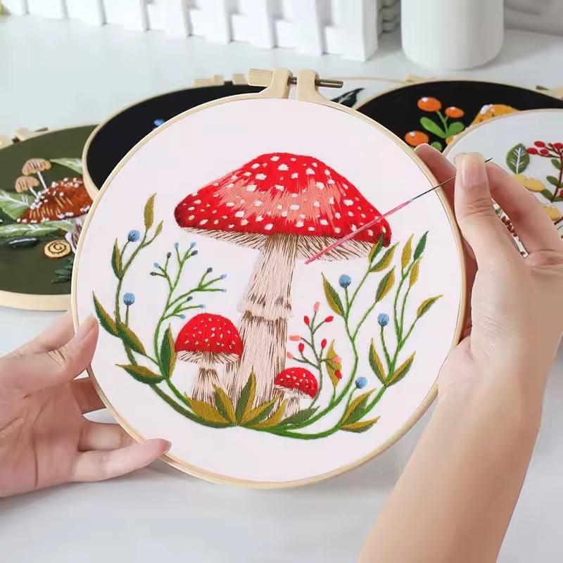 DIY Mushroom Embroidery Kit for Beginners | Printed Cross Stitch Set with Hoop, Washable Pattern | Handmade Home Decor & Gift