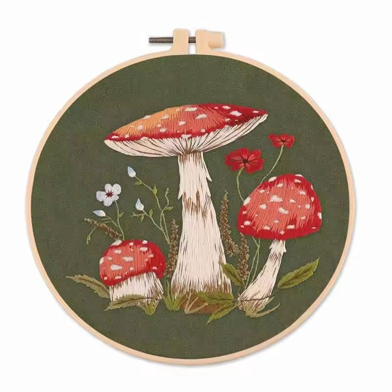 DIY Mushroom Embroidery Kit for Beginners | Printed Cross Stitch Set with Hoop, Washable Pattern | Handmade Home Decor & Gift