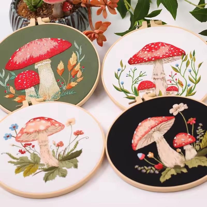 DIY Mushroom Embroidery Kit for Beginners | Printed Cross Stitch Set with Hoop, Washable Pattern | Handmade Home Decor & Gift