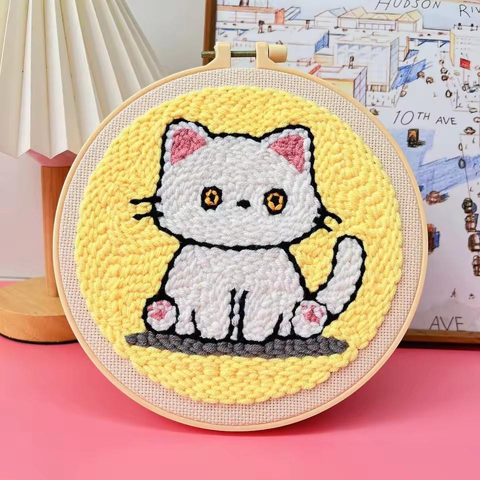 DIY Punch Needle Embroidery Kit – Cat-Themed Needlework for Beginners & Home Decor Gift